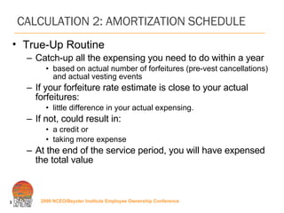 CALCULATION 2: AMORTIZATION SCHEDULE True-Up Routine   Catch-up all the expensing you need to do within a year  based on actual number of forfeitures (pre-vest cancellations) and actual vesting events If your forfeiture rate estimate is close to your actual forfeitures: little difference in your actual expensing.  If not, could result in: a credit or  taking more expense At the end of the service period, you will have expensed the total value 