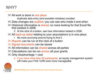WHY? All work is done in  one place duplicate data entry (and possible mistakes) avoided Data changes are  audited ; you can see who made it and when Historical information is  stored ; no more looking for that Excel file that existed in 2006.  At the click of a button, see how information looked in 2006. All  back-up detail  relating to your assumptions is in one place.  No more scurrying around trying to find it. Reports  can be run at the click of a button Signed documents  can be stored All information can be  shared  across all parties Calculations can be run  across  all your grants  Only disadvantage = cost if you have more than 50 participants , an equity management system will make your FAS 123R work more manageable 