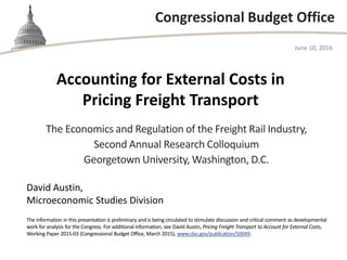 Congressional Budget Office
Accounting for External Costs in
Pricing Freight Transport
The Economics and Regulation of the Freight Rail Industry,
Second Annual Research Colloquium
Georgetown University, Washington, D.C.
June 10, 2016
David Austin,
Microeconomic Studies Division
The information in this presentation is preliminary and is being circulated to stimulate discussion and critical comment as developmental
work for analysis for the Congress. For additional information, see David Austin, Pricing Freight Transport to Account for External Costs,
Working Paper 2015-03 (Congressional Budget Office, March 2015), www.cbo.gov/publication/50049.
 