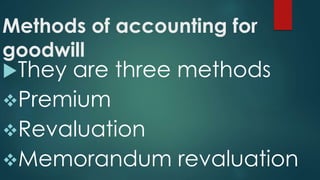 Methods of accounting for 
goodwill 
They are three methods 
Premium 
Revaluation 
Memorandum revaluation 
 