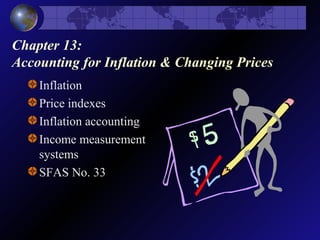 Chapter 13:
Accounting for Inflation & Changing Prices
Inflation
Price indexes
Inflation accounting
Income measurement
systems
SFAS No. 33
 