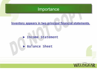 Importance
                   Importance

Inventory appears in two principal financial statements.



        ► Income Statement

        ► Balance Sheet
 