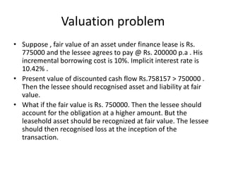 Valuation problem
• Suppose , fair value of an asset under finance lease is Rs.
775000 and the lessee agrees to pay @ Rs. 200000 p.a . His
incremental borrowing cost is 10%. Implicit interest rate is
10.42% .
• Present value of discounted cash flow Rs.758157 > 750000 .
Then the lessee should recognised asset and liability at fair
value.
• What if the fair value is Rs. 750000. Then the lessee should
account for the obligation at a higher amount. But the
leasehold asset should be recognized at fair value. The lessee
should then recognised loss at the inception of the
transaction.
 