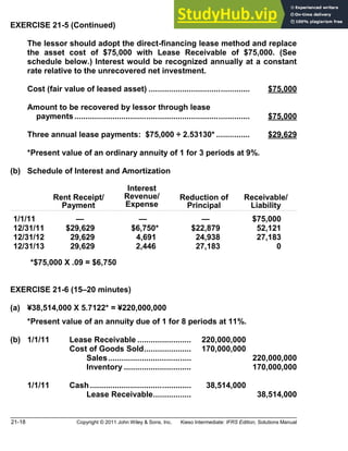 21-18 Copyright © 2011 John Wiley & Sons, Inc. Kieso Intermediate: IFRS Edition, Solutions Manual
EXERCISE 21-5 (Continued)
The lessor should adopt the direct-financing lease method and replace
the asset cost of $75,000 with Lease Receivable of $75,000. (See
schedule below.) Interest would be recognized annually at a constant
rate relative to the unrecovered net investment.
Cost (fair value of leased asset) ............................................. $75,000
Amount to be recovered by lessor through lease
payments.............................................................................. $75,000
Three annual lease payments: $75,000 ÷ 2.53130* ............... $29,629
*Present value of an ordinary annuity of 1 for 3 periods at 9%.
(b) Schedule of Interest and Amortization
Rent Receipt/
Payment
Interest
Revenue/
Expense
Reduction of
Principal
Receivable/
Liability
1/1/11 $75,000
12/31/11 $29,629 *$6,750* $22,879 52,121
12/31/12 29,629 4,691 24,938 27,183
12/31/13 29,629 2,446 27,183 0
*$75,000 X .09 = $6,750
EXERCISE 21-6 (15 20 minutes)
(a) ¥38,514,000 X 5.7122* = ¥220,000,000
*Present value of an annuity due of 1 for 8 periods at 11%.
(b) 1/1/11 Lease Receivable ........................ 220,000,000
Cost of Goods Sold..................... 170,000,000
Sales..................................... 220,000,000
Inventory .............................. 170,000,000
1/1/11 Cash ............................................. 38,514,000
Lease Receivable................. 38,514,000
 
