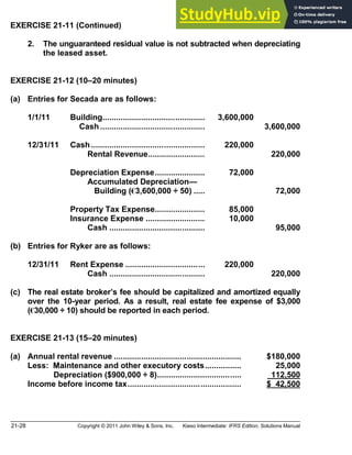 21-28 Copyright © 2011 John Wiley & Sons, Inc. Kieso Intermediate: IFRS Edition, Solutions Manual
EXERCISE 21-11 (Continued)
2. The unguaranteed residual value is not subtracted when depreciating
the leased asset.
EXERCISE 21-12 (10 20 minutes)
(a) Entries for Secada are as follows:
1/1/11 Building............................................. 3,600,000
Cash .............................................. 3,600,000
12/31/11 Cash .................................................. 220,000
Rental Revenue......................... 220,000
Depreciation Expense...................... 72,000
Accumulated Depreciation
Building (€3,600,000 ÷ 50) ..... 72,000
Property Tax Expense...................... 85,000
Insurance Expense .......................... 10,000
Cash .......................................... 95,000
(b) Entries for Ryker are as follows:
12/31/11 Rent Expense ................................... 220,000
Cash .......................................... 220,000
(c) The real estate broker s fee should be capitalized and amortized equally
over the 10-year period. As a result, real estate fee expense of $3,000
(€30,000 ÷ 10) should be reported in each period.
EXERCISE 21-13 (15 20 minutes)
(a) Annual rental revenue ........................................................ $180,000
Less: Maintenance and other executory costs................ 25,000
Depreciation ($900,000 ÷ 8)..................................... 112,500
Income before income tax.................................................. $ 42,500
 
