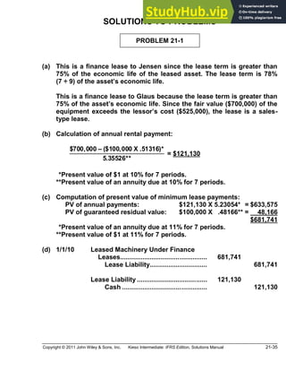 Copyright © 2011 John Wiley & Sons, Inc. Kieso Intermediate: IFRS Edition, Solutions Manual 21-35
SOLUTIONS TO PROBLEMS
PROBLEM 21-1
(a) This is a finance lease to Jensen since the lease term is greater than
75% of the economic life of the leased asset. The lease term is 78%
(7 ÷ 9) of the asset s economic life.
This is a finance lease to Glaus because the lease term is greater than
75% of the asset s economic life. Since the fair value ($700,000) of the
equipment exceeds the lessor s cost ($525,000), the lease is a sales-
type lease.
(b) Calculation of annual rental payment:
$700,000 ($100,000 X .51316)*
5.35526**
= $121,130
**Present value of $1 at 10% for 7 periods.
**Present value of an annuity due at 10% for 7 periods.
(c) Computation of present value of minimum lease payments:
PV of annual payments: $121,130 X 5.23054** = $633,575
PV of guaranteed residual value: $100,000 X .48166** = 48,166
$681,741
**Present value of an annuity due at 11% for 7 periods.
**Present value of $1 at 11% for 7 periods.
(d) 1/1/10 Leased Machinery Under Finance
Leases............................................... 681,741
Lease Liability............................... 681,741
Lease Liability ...................................... 121,130
Cash .............................................. 121,130
 