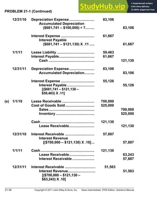 21-36 Copyright © 2011 John Wiley & Sons, Inc. Kieso Intermediate: IFRS Edition, Solutions Manual
PROBLEM 21-1 (Continued)
12/31/10 Depreciation Expense......................... 83,106
Accumulated Depreciation
($681,741 $100,000) ÷ 7......... 83,106
Interest Expense ................................. 61,667
Interest Payable
($681,741 $121,130) X .11 ..... 61,667
1/1/11 Lease Liability ..................................... 59,463
Interest Payable................................... 61,667
Cash ............................................. 121,130
12/31/11 Depreciation Expense......................... 83,106
Accumulated Depreciation.......... 83,106
Interest Expense ................................. 55,126
Interest Payable........................... 55,126
[($681,741 $121,130
$59,463) X .11]
(e) 1/1/10 Lease Receivable ................................ 700,000
Cost of Goods Sold............................. 525,000
Sales............................................. 700,000
Inventory ...................................... 525,000
Cash ..................................................... 121,130
Lease Receivable......................... 121,130
12/31/10 Interest Receivable ............................. 57,887
Interest Revenue
[($700,000 $121,130) X .10]... 57,887
1/1/11 Cash ..................................................... 121,130
Lease Receivable......................... 63,243
Interest Receivable...................... 57,887
12/31/11 Interest Receivable .............................. 51,563
Interest Revenue........................... 51,563
[($700,000 $121,130
$63,243) X .10]
 
