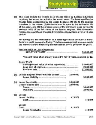 Copyright © 2011 John Wiley & Sons, Inc. Kieso Intermediate: IFRS Edition, Solutions Manual 21-39
PROBLEM 21-3
(a) The lease should be treated as a finance lease by Labron Industries
requiring the lessee to capitalize the leased asset. The lease qualifies for
finance lease accounting by the lessee because: (1) title to the engines
transfers to the lessee, (2) the lease term is equal to the estimated life
of the asset, and (3) the present value of the minimum lease payments
exceeds 90% of the fair value of the leased engines. The transaction
represents a purchase financed by installment payments over a 10-year
period.
For Ewing Inc. the transaction is a sales-type lease because a manu-
facturer s profit accrues to Ewing. This lease arrangement also represents
the manufacturer s financing the transaction over a period of 10 years.
Present Value of Lease Payments
$413,971 X 7.24689* .................................................. $3,000,000
*Present value of an annuity due at 8% for 10 years, rounded by $2.
Dealer Profit
Sales (present value of lease payments) .................... $3,000,000
Less cost of engines .................................................... 2,600,000
Profit on sale................................................................. $ 400,000
(b) Leased Engines Under Finance Leases.......... 3,000,000
Lease Liability............................................ 3,000,000
(c) Lease Receivable.............................................. 3,000,000
Cost of Goods Sold .......................................... 2,600,000
Sales ........................................................... 3,000,000
Inventory .................................................... 2,600,000
(d) Lessee
Lease Liability................................................... 413,971
Cash............................................................ 413,971
Lessor
Cash................................................................... 413,971
Lease Receivable....................................... 413,971
 