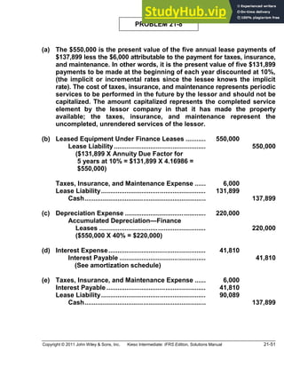 Copyright © 2011 John Wiley & Sons, Inc. Kieso Intermediate: IFRS Edition, Solutions Manual 21-51
PROBLEM 21-8
(a) The $550,000 is the present value of the five annual lease payments of
$137,899 less the $6,000 attributable to the payment for taxes, insurance,
and maintenance. In other words, it is the present value of five $131,899
payments to be made at the beginning of each year discounted at 10%,
(the implicit or incremental rates since the lessee knows the implicit
rate). The cost of taxes, insurance, and maintenance represents periodic
services to be performed in the future by the lessor and should not be
capitalized. The amount capitalized represents the completed service
element by the lessor company in that it has made the property
available; the taxes, insurance, and maintenance represent the
uncompleted, unrendered services of the lessor.
(b) Leased Equipment Under Finance Leases ........... 550,000
Lease Liability.................................................. 550,000
($131,899 X Annuity Due Factor for
5 years at 10% = $131,899 X 4.16986 =
$550,000)
Taxes, Insurance, and Maintenance Expense ...... 6,000
Lease Liability......................................................... 131,899
Cash.................................................................. 137,899
(c) Depreciation Expense ............................................ 220,000
Accumulated Depreciation Finance
Leases .......................................................... 220,000
($550,000 X 40% = $220,000)
(d) Interest Expense..................................................... 41,810
Interest Payable ............................................... 41,810
(See amortization schedule)
(e) Taxes, Insurance, and Maintenance Expense ...... 6,000
Interest Payable ...................................................... 41,810
Lease Liability......................................................... 90,089
Cash.................................................................. 137,899
 