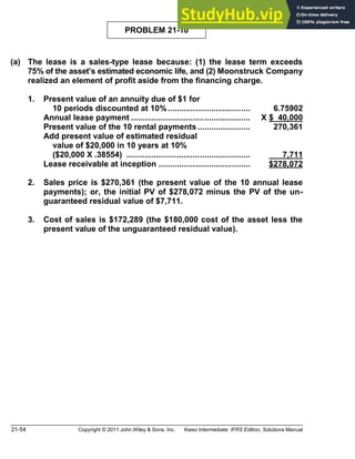 21-54 Copyright © 2011 John Wiley & Sons, Inc. Kieso Intermediate: IFRS Edition, Solutions Manual
PROBLEM 21-10
(a) The lease is a sales-type lease because: (1) the lease term exceeds
75% of the asset s estimated economic life, and (2) Moonstruck Company
realized an element of profit aside from the financing charge.
1. Present value of an annuity due of $1 for
10 periods discounted at 10%.................................... 6.75902
Annual lease payment .................................................... X $ 40,000
Present value of the 10 rental payments....................... 270,361
Add present value of estimated residual
value of $20,000 in 10 years at 10%
($20,000 X .38554) ...................................................... 7,711
Lease receivable at inception ........................................ $278,072
2. Sales price is $270,361 (the present value of the 10 annual lease
payments); or, the initial PV of $278,072 minus the PV of the un-
guaranteed residual value of $7,711.
3. Cost of sales is $172,289 (the $180,000 cost of the asset less the
present value of the unguaranteed residual value).
 