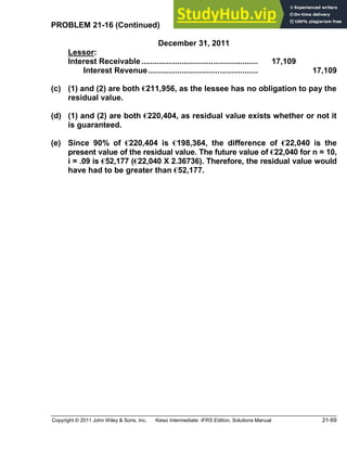 Copyright © 2011 John Wiley & Sons, Inc. Kieso Intermediate: IFRS Edition, Solutions Manual 21-69
PROBLEM 21-16 (Continued)
December 31, 2011
Lessor:
Interest Receivable.................................................... 17,109
Interest Revenue................................................. 17,109
(c) (1) and (2) are both €211,956, as the lessee has no obligation to pay the
residual value.
(d) (1) and (2) are both €220,404, as residual value exists whether or not it
is guaranteed.
(e) Since 90% of €220,404 is €198,364, the difference of €22,040 is the
present value of the residual value. The future value of €22,040 for n = 10,
i = .09 is €52,177 (€22,040 X 2.36736). Therefore, the residual value would
have had to be greater than €52,177.
 