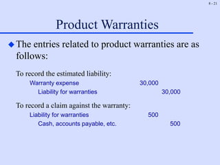 8 - 21
Product Warranties
The entries related to product warranties are as
follows:
To record the estimated liability:
Warranty expense 30,000
Liability for warranties 30,000
To record a claim against the warranty:
Liability for warranties 500
Cash, accounts payable, etc. 500
 