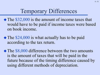 8 - 51
Temporary Differences
The $32,000 is the amount of income taxes that
would have to be paid if income taxes were based
on book income.
The $24,000 is what actually has to be paid
according to the tax return.
The $8,000 difference between the two amounts
is the amount of taxes that will be paid in the
future because of the timing difference caused by
using different methods of depreciation.
 