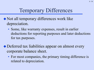 8 - 54
Temporary Differences
Not all temporary differences work like
depreciation.
• Some, like warranty expenses, result in earlier
deductions for reporting purposes and later deductions
for tax purposes.
Deferred tax liabilities appear on almost every
corporate balance sheet.
• For most companies, the primary timing difference is
related to depreciation.
 