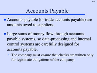 8 - 9
Accounts Payable
Accounts payable (or trade accounts payable) are
amounts owed to suppliers.
Large sums of money flow through accounts
payable systems, so data-processing and internal
control systems are carefully designed for
accounts payable.
• The company must ensure that checks are written only
for legitimate obligations of the company.
 