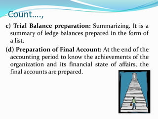 Count….,
c) Trial Balance preparation: Summarizing. It is a
  summary of ledge balances prepared in the form of
  a list.
(d) Preparation of Final Account: At the end of the
  accounting period to know the achievements of the
  organization and its financial state of affairs, the
  final accounts are prepared.
 
