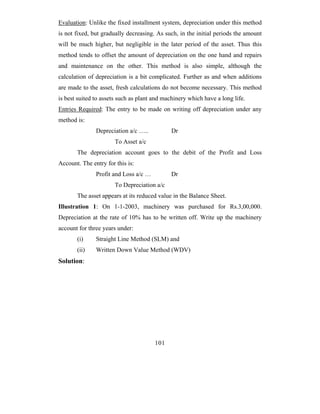 Evaluation: Unlike the fixed installment system, depreciation under this method
is not fixed, but gradually decreasing. As such, in the initial periods the amount
will be much higher, but negligible in the later period of the asset. Thus this
method tends to offset the amount of depreciation on the one hand and repairs
and maintenance on the other. This method is also simple, although the
calculation of depreciation is a bit complicated. Further as and when additions
are made to the asset, fresh calculations do not become necessary. This method
is best suited to assets such as plant and machinery which have a long life.
Entries Required: The entry to be made on writing off depreciation under any
method is:
               Depreciation a/c …..          Dr
                       To Asset a/c
       The depreciation account goes to the debit of the Profit and Loss
Account. The entry for this is:
               Profit and Loss a/c …         Dr
                       To Depreciation a/c
       The asset appears at its reduced value in the Balance Sheet.
Illustration 1: On 1-1-2003, machinery was purchased for Rs.3,00,000.
Depreciation at the rate of 10% has to be written off. Write up the machinery
account for three years under:
       (i)     Straight Line Method (SLM) and
       (ii)    Written Down Value Method (WDV)
Solution:




                                       101
 