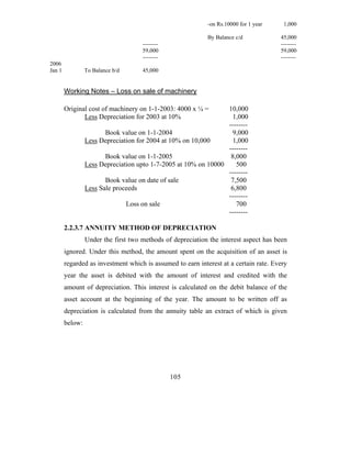 -on Rs.10000 for 1 year    1,000

                                                            By Balance c/d            45,000
                                     --------                                         --------
                                     59,000                                           59,000
                                     --------                                         --------
2006
Jan 1            To Balance b/d      45,000


        Working Notes – Loss on sale of machinery

        Original cost of machinery on 1-1-2003: 4000 x ¼ =       10,000
               Less Depreciation for 2003 at 10%                   1,000
                                                                 --------
                        Book value on 1-1-2004                     9,000
                 Less Depreciation for 2004 at 10% on 10,000       1,000
                                                                 --------
                        Book value on 1-1-2005                    8,000
                 Less Depreciation upto 1-7-2005 at 10% on 10000    500
                                                                 --------
                        Book value on date of sale                7,500
                 Less Sale proceeds                               6,800
                                                                 --------
                               Loss on sale                         700
                                                                 --------

        2.2.3.7 ANNUITY METHOD OF DEPRECIATION
                 Under the first two methods of depreciation the interest aspect has been
        ignored. Under this method, the amount spent on the acquisition of an asset is
        regarded as investment which is assumed to earn interest at a certain rate. Every
        year the asset is debited with the amount of interest and credited with the
        amount of depreciation. This interest is calculated on the debit balance of the
        asset account at the beginning of the year. The amount to be written off as
        depreciation is calculated from the annuity table an extract of which is given
        below:




                                                105
 