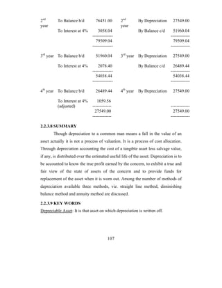2nd       To Balance b/d         76451.00       2nd        By Depreciation      27549.00
year                                            year
          To Interest at 4%        3058.04                 By Balance c/d       51960.04
                               --------------                                  -------------
                                 79509.04                                       79509.04
                               --------------                                  -------------

3rd year To Balance b/d          51960.04       3rd year By Depreciation        27549.00

          To Interest at 4%        2078.40                 By Balance c/d       26489.44
                               --------------                                  -------------
                                 54038.44                                       54038.44
                               --------------                                  -------------

4th year To Balance b/d          26489.44       4th year   By Depreciation      27549.00

          To Interest at 4%       1059.56
          (adjusted)           -------------                                   -------------
                                27549.00                                        27549.00
                               -------------                                   -------------

2.2.3.8 SUMMARY
       Though depreciation to a common man means a fall in the value of an
asset actually it is not a process of valuation. It is a process of cost allocation.
Through depreciation accounting the cost of a tangible asset less salvage value,
if any, is distributed over the estimated useful life of the asset. Depreciation is to
be accounted to know the true profit earned by the concern, to exhibit a true and
fair view of the state of assets of the concern and to provide funds for
replacement of the asset when it is worn out. Among the number of methods of
depreciation available three methods, viz. straight line method, diminishing
balance method and annuity method are discussed.

2.2.3.9 KEY WORDS
Depreciable Asset: It is that asset on which depreciation is written off.




                                         107
 