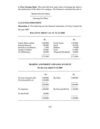4. Price Earning Ratio: This ratio tells how many times of earnings per share is
the market price of the share of a company. The formula to calculate this ratio is:

                    Market Price Per Share
                  ---------------------------------
                       Earnings Per Share

3.1.3.13 ILLUSTRATIONS
Illustration 4: The following are the financial statements of Yesye Limited for
the year 2005.
                  BALANCE SHEET AS AT 31-12-2005
------------------------------------------------------------------------------------------------
                                       Rs.                                          Rs.
Equity Share capital                1,00,000          Fixed Assets               1,50,000
General Reserve                        90,000         Stock                        42,500
Profit & Loss Balance                   7,500         Debtors                       19,000
Sundry Creditors                       35,000         Cash                         61,000
6% Debentures                          30,000          Proposed Dividends 10,000
                                      ----------                                 ----------
                                    2,72,500                                     2,72,500
-----------------------------------------------------------------------------------------------

                TRADING AND PROFIT AND LOSS ACCOUNT
                             for the year ended 31-12-2005
-----------------------------------------------------------------------------------------------
                                        Rs.                                        Rs.
To Cost of goods sold               1,80,000          By Sales                   3,00,000
To Gross profit c/d                 1,20,000
                                    ----------                                   ----------
                                    3,00,000                                     3,00,000
                                    ----------                                   ----------
To expenses                         1,00,000          By Gross profit b/d        1,20,000

To Net Profit                         20,000
                                    ----------                                   ----------
                                    1,20,000                                     1,20,000
----------------------------------------------------------------------------------------------


                                              145
 