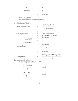 x                           1
               -------------            =      ---
                3,00,000                        6

                                    x   =      Rs.50,000

       Debtors: Rs.50,000
       It is assumed that all sales are credit sales.

3. Calculation of Stock
                                                 Cost of goods sold
   Stock Turnover Ratio                 =      ---------------------------
                                                    Average stock

                                        =      6
   Cost of goods sold                   =      Sales – Gross Profit
                                        =      Rs.3,00,000 – Rs.60,000
                                        =      Rs.2,40,000
                 Rs.2,40,000
               ------------------       =      6
               Average Stock
                                               Rs.2,40,000
   Average Stock                        =      ---------------
                                                        6

                                        =      Rs.40,000

                                               Opening stock + Closing stock
   Average Stock                        =      --------------------------------------
                                                                   2
Let opening stock be Rs.x.
       Then closing stock will be x + 5,000

               x + x + 5,000
               ----------------         =      40,000
                      2

               2x + 5,000
               ------------             =      40,000
                    2




                                        149
 