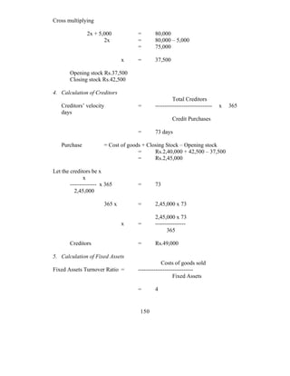 Cross multiplying

                2x + 5,000            =      80,000
                       2x             =      80,000 – 5,000
                                      =      75,000

                                x     =      37,500

        Opening stock Rs.37,500
        Closing stock Rs.42,500

4. Calculation of Creditors
                                                      Total Creditors
    Creditors’ velocity               =      ------------------------------   x   365
    days
                                                      Credit Purchases

                                      =      73 days

    Purchase            = Cost of goods + Closing Stock – Opening stock
                                      =      Rs.2,40,000 + 42,500 – 37,500
                                      =      Rs.2,45,000

Let the creditors be x
               x
        -------------- x 365          =      73
          2,45,000

                        365 x         =      2,45,000 x 73

                                             2,45,000 x 73
                                x     =      ----------------
                                                   365

        Creditors                     =      Rs.49,000

5. Calculation of Fixed Assets
                                                  Costs of goods sold
Fixed Assets Turnover Ratio =         -----------------------------
                                                        Fixed Assets

                                      =      4


                                       150
 