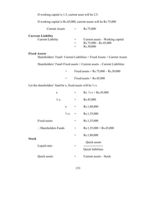 If working capital is 1.5, current asset will be 2.5.

        If working capital is Rs.45,000, current assets will be Rs.75,000

                Current Assets          =       Rs.75,000

Current Liability
     Current Liability                  =       Current assets – Working capital
                                        =       Rs.75,000 – Rs.45,000
                                        =       Rs.30,000

Fixed Assets
      Shareholders’ Fund+ Current Liabilities = Fixed Assets + Current Assets

        Shareholders’ Fund=Fixed assets + Current assets – Current Liabilities

                                 =      Fixed assets + Rs.75,000 – Rs.30,000

                                 =      Fixed assets + Rs.45,000

Let the shareholders’ fund be x, fixed assets will be ¾ x

                        x               =       Rs. ¾ x + Rs.45,000

                        ¼x              =       Rs.45,000

                                 x      =       Rs.1,80,000

                                 ¾x     =       Rs.1,35,000

        Fixed assets                    =       Rs.1,35,000

        ∴Shareholders Funds             =       Rs.1,35,000 + Rs.45,000

                                        =       Rs.1,80,000
Stock
                                                  Quick assets
        Liquid ratio                    =       -------------------
                                                Quick liabilities

        Quick assets                    =       Current assets – Stock


                                         153
 