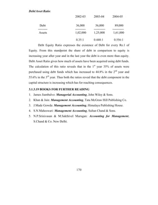 Debt/Asset Ratio:
                                     2002-03         2003-04        2004-05

         Debt                         36,000          56,000          89,000
       ---------                     ----------      -----------    -----------
        Assets                       1,02,000        1,25,000        1,61,000

                                      0.35:1         0.448:1           0.556:1
       Debt Equity Ratio expresses the existence of Debt for every Re.1 of
Equity. From this standpoint the share of debt in comparison to equity is
increasing year after year and in the last year the debt is even more than equity.
Debt Asset Ratio gives how much of assets have been acquired using debt funds.
The calculation of this ratio reveals that in the 1st year 35% of assets were
purchased using debt funds which has increased to 44.8% in the 2nd year and
55.6% in the 3rd year. Thus both the ratios reveal that the debt component in the
capital structure is increasing which has for reaching consequences.

3.1.3.19 BOOKS FOR FURTHER READING
1. James Jiambalvo: Managerial Accounting, John Wiley & Sons.
2. Khan & Jain: Management Accounting, Tata McGraw Hill Publishing Co.
3. J.Made Gowda: Management Accounting, Himalaya Publishing House.
4. S.N.Maheswari: Management Accounting, Sultan Chand & Sons.
5. N.P.Srinivasan & M.Sakthivel Murugan: Accounting for Management,
   S.Chand & Co. New Delhi.




                                      170
 