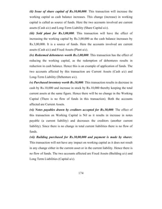 (ii) Issue of share capital of Rs.10,00,000: This transaction will increase the
working capital as cash balance increases. This change (increase) in working
capital is called as source of funds. Here the two accounts involved are current
assets (Cash a/c) and Long-Term Liability (Share Capital a/c).
(iii) Sold plant for Rs.3,00,000: This transaction will have the effect of
increasing the working capital by Rs.3,00,000 as the cash balance increases by
Rs.3,00,000. It is a source of funds. Here the accounts involved are current
assets (Cash a/c) and Fixed Assets (Plant a/c).
(iv) Redeemed debentures worth Rs.1,00,000: This transaction has the effect of
reducing the working capital, as the redemption of debentures results in
reduction in cash balance. Hence this is an example of application of funds. The
two accounts affected by this transaction are Current Assets (Cash a/c) and
Long-Term Liability (Debenture a/c).
(v) Purchased inventory worth Rs.10,000: This transaction results in decrease in
cash by Rs.10,000 and increase in stock by Rs.10,000 thereby keeping the total
current assets at the same figure. Hence there will be no change in the Working
Capital (There is no flow of funds in this transaction). Both the accounts
affected are Current Assets.
(vi) Notes payables drawn by creditors accepted for Rs.30,000: The effect of
this transaction on Working Capital is Nil as it results in increase in notes
payable (a current liability) and decreases the creditors (another current
liability). Since there is no change in total current liabilities there is no flow of
funds.
(vii) Building purchased for Rs.30,00,000 and payment is made by shares:
This transaction will not have any impact on working capital as it does not result
in any change either in the current asset or in the current liability. Hence there is
no flow of funds. The two accounts affected are Fixed Assets (Building a/c) and
Long Term Liabilities (Capital a/c).



                                        174
 