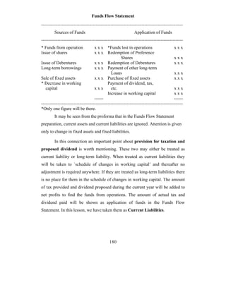 Funds Flow Statement
------------------------------------------------------------------------------------------------
         Sources of Funds                                      Application of Funds
------------------------------------------------------------------------------------------------
* Funds from operation              x x x *Funds lost in operations                       xxx
Issue of shares                     x x x Redemption of Preference
                                                      Shares                              xxx
Issue of Debentures                 x x x Redemption of Debentures                        xxx
Long-term borrowings                x x x Payment of other long-term
                                               Loans                                      xxx
Sale of fixed assets                x x x Purchase of fixed assets                        xxx
* Decrease in working                        Payment of dividend, tax,
   capital                          xxx        etc.                                       xxx
                                             Increase in working capital                  xxx
                                    ------                                                ------
------------------------------------------------------------------------------------------------
*Only one figure will be there.
         It may be seen from the proforma that in the Funds Flow Statement
preparation, current assets and current liabilities are ignored. Attention is given
only to change in fixed assets and fixed liabilities.

         In this connection an important point about provision for taxation and
proposed dividend is worth mentioning. These two may either be treated as
current liability or long-term liability. When treated as current liabilities they
will be taken to `schedule of changes in working capital’ and thereafter no
adjustment is required anywhere. If they are treated as long-term liabilities there
is no place for them in the schedule of changes in working capital. The amount
of tax provided and dividend proposed during the current year will be added to
net profits to find the funds from operations. The amount of actual tax and
dividend paid will be shown as application of funds in the Funds Flow
Statement. In this lesson, we have taken them as Current Liabilities.




                                              180
 