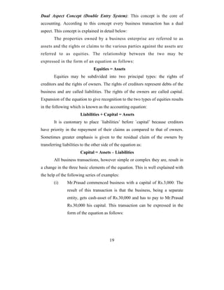 Dual Aspect Concept (Double Entry System): This concept is the core of
accounting. According to this concept every business transaction has a dual
aspect. This concept is explained in detail below:
        The properties owned by a business enterprise are referred to as
assets and the rights or claims to the various parties against the assets are
referred to as equities. The relationship between the two may be
expressed in the form of an equation as follows:
                                Equities = Assets
        Equities may be subdivided into two principal types: the rights of
creditors and the rights of owners. The rights of creditors represent debts of the
business and are called liabilities. The rights of the owners are called capital.
Expansion of the equation to give recognition to the two types of equities results
in the following which is known as the accounting equation:
                        Liabilities + Capital = Assets
        It is customary to place `liabilities’ before `capital’ because creditors
have priority in the repayment of their claims as compared to that of owners.
Sometimes greater emphasis is given to the residual claim of the owners by
transferring liabilities to the other side of the equation as:
                        Capital = Assets – Liabilities
        All business transactions, however simple or complex they are, result in
a change in the three basic elements of the equation. This is well explained with
the help of the following series of examples:
        (i)     Mr.Prasad commenced business with a capital of Rs.3,000: The
                result of this transaction is that the business, being a separate
                entity, gets cash-asset of Rs.30,000 and has to pay to Mr.Prasad
                Rs.30,000 his capital. This transaction can be expressed in the
                form of the equation as follows:




                                          19
 