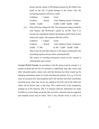 picture and the capital of Mr.Prasad increases by Rs.2,000 as the
               profit on the sale of goods belongs to the owner. Now the
               accounting equation will look as under:
               Liabilities     + Capital      =Asset
               Creditors            Prasad     Cash +Debtors+Stock+ Furnitures
               20,000      32,000             15,000 12,000 20,000       5,000
       (vi)    Paid electricity charges Rs.300: This transaction reduces both the
               cash balance and Mr.Prasad’s capital by Rs.300. This is so
               because the expenditure reduces the business profit which in turn
               reduces the equity. The equation after this will be:
               Liabilities     + Capital      =Asset
               Creditors       + Prasad        Cash +Debtors+Stock+ Furnitures
               20,000      31,700             14,700 12,000     20,000 5,000
               Thus it may be seen that whatever is the nature of transaction, the
               accounting equation always tallies and should tally.
               The system of recording transactions based on this concept is
               called double entry system.

Account Period Concept: In accordance with the going concern concept it is
usually assumed that the life of a business is indefinitely long. But owners and
other interested parties cannot wait until the business has been wound up for
obtaining information about its results and financial position. For e.g. if for ten
years no accounts have been prepared and if the business has been consistently
incurring losses, there may not be any capital at all at the end of the tenth year
which will be known only at that time. This would result in the compulsory
winding up of the business. But if at frequent intervals information are made
available as to how things are going, then corrective measures may be suggested
and remedial action may be taken. That is why, Pacioli wrote as early as in




                                         21
 