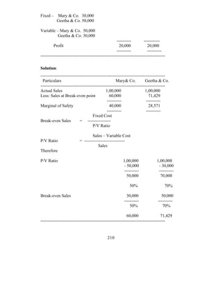 Fixed – Mary & Co. 30,000
        Geetha & Co. 50,000

Variable – Mary & Co. 50,000
          Geetha & Co. 30,000
                                                     ----------        -----------
         Profit                                       20,000              20,000
                                                     ----------           ----------
--------------------------------------------------------------------------------------

Solution:
--------------------------------------------------------------------------------------
  Particulars                                       Mary& Co.           Geetha & Co.
--------------------------------------------------------------------------------------
Actual Sales                                 1,00,000                   1,00,000
Less: Sales at Break-even point                 60,000                     71,429
                                              ----------                 ----------
Marginal of Safety                              40,000                    28,571
                                              ----------                 ----------
                                    Fixed Cost
Break-even Sales           = ----------------
                                    P/V Ratio

                                   Sales – Variable Cost
P/V Ratio                  = ----------------------------
                                       Sales
Therefore

P/V Ratio                                                1,00,000               1,00,000
                                                          - 50,000               - 30,000
                                                          ----------             ----------
                                                            50,000                70,000

                                                             50%                     70%

Break-even Sales                                          30,000                   50,000
                                                         ----------              ----------
                                                             50%                    70%

                                                           60,000                  71,429
--------------------------------------------------------------------------------------


                                              210
 