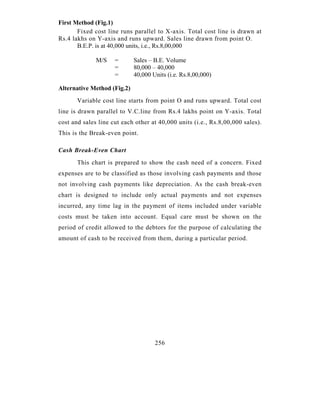 First Method (Fig.1)
       Fixed cost line runs parallel to X-axis. Total cost line is drawn at
Rs.4 lakhs on Y-axis and runs upward. Sales line drawn from point O.
       B.E.P. is at 40,000 units, i.e., Rs.8,00,000

              M/S    =       Sales – B.E. Volume
                     =       80,000 – 40,000
                     =       40,000 Units (i.e. Rs.8,00,000)

Alternative Method (Fig.2)
       Variable cost line starts from point O and runs upward. Total cost
line is drawn parallel to V.C.line from Rs.4 lakhs point on Y-axis. Total
cost and sales line cut each other at 40,000 units (i.e., Rs.8,00,000 sales).
This is the Break-even point.

Cash Break-Even Chart
       This chart is prepared to show the cash need of a concern. Fixed
expenses are to be classified as those involving cash payments and those
not involving cash payments like depreciation. As the cash break-even
chart is designed to include only actual payments and not expenses
incurred, any time lag in the payment of items included under variable
costs must be taken into account. Equal care must be shown on the
period of credit allowed to the debtors for the purpose of calculating the
amount of cash to be received from them, during a particular period.




                                     256
 