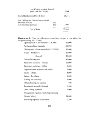 Less: Closing stock of finished
                  goods (400 x Rs.12.96)                                5,184
                                                                       --------
Cost of Production of Goods Sold                                       36,516

Add: Selling and Distribution overhead:
Discount on sales                                     300
Advertisement expenses                                600                 900
                                                      ----             --------
                  Cost of Sales                                       37,416
                                                                      --------
-----------------------------------------------------------------------------------------------

Illustration 2: From the following particulars, prepare a cost sheet for
the year ending 31-12-2005.
       Opening stock of raw materials (1-1-2005)       50,000
         Purchases of raw materials                                     1,60,000
         Closing stock of raw materials (31-12-2005)                      80,000
         Wages – Productive                                             1,50,000
                           General                                        20,000
         Chargeable expenses                                              40,000
         Rent, rates and taxes – Factory                                  10,000
         Rent, rates and taxes – Office                                    1,000
         Depreciation on plant and machinery                               3,000
         Salary – Office                                                   5,000
         Salary – Travellers                                               4,000
         Printing and stationery                                           1,000
         Office cleaning and lighting                                         800
         Repairs and renewals (factory)                                    6,400
         Other factory expenses                                            5,000
         Management expenses (including managing
         Director’s fees)                                                 24,000
         Travelling expenses of salesmen                                   2,200


                                              285
 