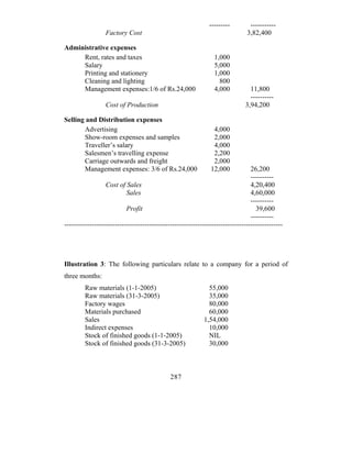 ---------        -----------
                  Factory Cost                                                 3,82,400

Administrative expenses
     Rent, rates and taxes                                       1,000
     Salary                                                      5,000
     Printing and stationery                                     1,000
     Cleaning and lighting                                         800
     Management expenses:1/6 of Rs.24,000                        4,000          11,800
                                                                                ----------
                  Cost of Production                                          3,94,200

Selling and Distribution expenses
       Advertising                                              4,000
       Show-room expenses and samples                           2,000
       Traveller’s salary                                       4,000
       Salesmen’s travelling expense                            2,200
       Carriage outwards and freight                            2,000
       Management expenses: 3/6 of Rs.24,000                   12,000            26,200
                                                                                 ----------
                  Cost of Sales                                                  4,20,400
                           Sales                                                 4,60,000
                                                                                 ----------
                           Profit                                                  39,600
                                                                                 ----------
-----------------------------------------------------------------------------------------------




Illustration 3: The following particulars relate to a company for a period of
three months:
         Raw materials (1-1-2005)                             55,000
         Raw materials (31-3-2005)                            35,000
         Factory wages                                        80,000
         Materials purchased                                  60,000
         Sales                                              1,54,000
         Indirect expenses                                    10,000
         Stock of finished goods (1-1-2005)                   NIL
         Stock of finished goods (31-3-2005)                  30,000



                                              287
 