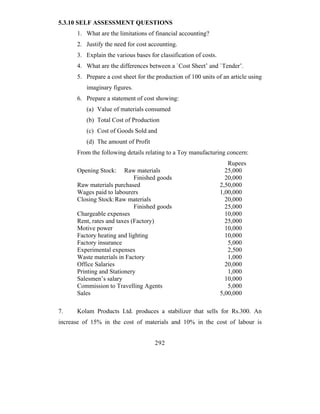 5.3.10 SELF ASSESSMENT QUESTIONS
      1. What are the limitations of financial accounting?
      2. Justify the need for cost accounting.
      3. Explain the various bases for classification of costs.
      4. What are the differences between a `Cost Sheet’ and `Tender’.
      5. Prepare a cost sheet for the production of 100 units of an article using
          imaginary figures.
      6. Prepare a statement of cost showing:
          (a) Value of materials consumed
          (b) Total Cost of Production
          (c) Cost of Goods Sold and
          (d) The amount of Profit
      From the following details relating to a Toy manufacturing concern:
                                                                     Rupees
      Opening Stock:     Raw materials                              25,000
                             Finished goods                         20,000
      Raw materials purchased                                     2,50,000
      Wages paid to labourers                                     1,00,000
      Closing Stock: Raw materials                                  20,000
                             Finished goods                         25,000
      Chargeable expenses                                           10,000
      Rent, rates and taxes (Factory)                               25,000
      Motive power                                                  10,000
      Factory heating and lighting                                  10,000
      Factory insurance                                              5,000
      Experimental expenses                                          2,500
      Waste materials in Factory                                     1,000
      Office Salaries                                               20,000
      Printing and Stationery                                        1,000
      Salesmen’s salary                                             10,000
      Commission to Travelling Agents                                5,000
      Sales                                                       5,00,000

7.    Kolam Products Ltd. produces a stabilizer that sells for Rs.300. An
increase of 15% in the cost of materials and 10% in the cost of labour is


                                     292
 