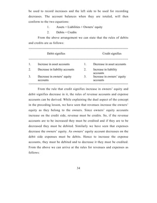 be used to record increases and the left side to be used for recording
decreases. The account balances when they are totaled, will then
conform to the two equations:
                  1.       Assets = Liabilities + Owners’ equity
                  2.       Debits = Credits
         From the above arrangement we can state that the rules of debits
and credits are as follows:
-------------------------------------------------------------------------------------------------
                  Debit signifies                                       Credit signifies
-------------------------------------------------------------------------------------------------
1.       Increase in asset accounts                   1.       Decrease in asset accounts
2.       Decrease in liability accounts               2.       Increase in liability
                                                               accounts
3.       Decrease in owners’ equity                   3.       Increase in owners’ equity
         accounts                                              accounts
-------------------------------------------------------------------------------------------------
         From the rule that credit signifies increase in owners’ equity and
debit signifies decrease in it, the rules of revenue accounts and expense
accounts can be derived. While explaining the dual aspect of the concept
in the preceding lesson, we have seen that revenues increase the owners’
equity as they belong to the owners. Since owners’ equity accounts
increase on the credit side, revenue must be credits. So, if the revenue
accounts are to be increased they must be credited and if they are to be
decreased they must be debited. Similarly we have seen that expenses
decrease the owners’ equity. As owners’ equity account decreases on the
debit side expenses must be debits. Hence to increase the expense
accounts, they must be debited and to decrease it they must be credited.
From the above we can arrive at the rules for revenues and expenses as
follows:




                                               34
 