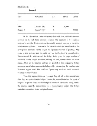 Illustration 1:
                  Journal
-------------------------------------------------------------------------------------------------
Date                       Particulars                L.F.              Debit          Credit
-------------------------------------------------------------------------------------------------


2005                       Cash a/c (Dr)               3                30,000
August 2                   Sales a/c (Cr)              9                               30,000
-------------------------------------------------------------------------------------------------
         In the illustration 1 the debit entry is listed first, the debit amount
appears in the left-hand amount column; the account to be credited
appears below the debit entry and the credit amount appears in the right
hand amount column. The data in the journal entry are transferred to the
appropriate accounts in the ledger by a process known as posting. Any
entry in any account can be made only on the basis of a journal entry.
The column L.F. which stands for ledger folio gives the page number of
accounts in the ledger wherein posting for the journal entry has been
made. After all the journal entries are posted in the respective ledger
accounts, each ledger account is balanced by subtracting the smaller total
from the bigger total. The resultant figure may be either debit or credit
balance and vice-versa.
         Thus the transactions are recorded first of all in the journal and
then they are posted to the ledger. Hence the journal is called the book of
original or prime entry and the ledger is the book of second entry. While
the journal records transactions in a chronological order, the ledger
records transactions in an analytical order.




                                               36
 