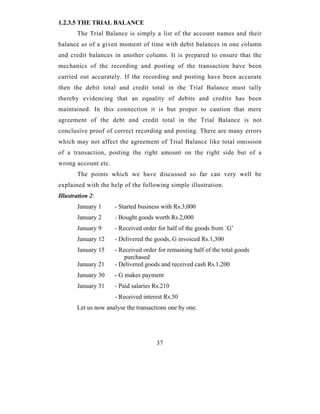 1.2.3.5 THE TRIAL BALANCE
       The Trial Balance is simply a list of the account names and their
balance as of a given moment of time with debit balances in one column
and credit balances in another column. It is prepared to ensure that the
mechanics of the recording and posting of the transaction have been
carried out accurately. If the recording and posting have been accurate
then the debit total and credit total in the Trial Balance must tally
thereby evidencing that an equality of debits and credits has been
maintained. In this connection it is but proper to caution that mere
agreement of the debt and credit total in the Trial Balance is not
conclusive proof of correct recording and posting. There are many errors
which may not affect the agreement of Trial Balance like total omission
of a transaction, posting the right amount on the right side but of a
wrong account etc.
       The points which we have discussed so far can very well be
explained with the help of the following simple illustration.
Illustration 2:
       January 1     - Started business with Rs.3,000
       January 2     - Bought goods worth Rs.2,000
       January 9     - Received order for half of the goods from `G’
       January 12    - Delivered the goods, G invoiced Rs.1,300
       January 15    - Received order for remaining half of the total goods
                         purchased
       January 21    - Delivered goods and received cash Rs.1,200
       January 30    - G makes payment
       January 31    - Paid salaries Rs.210
                     - Received interest Rs.50
       Let us now analyse the transactions one by one.




                                      37
 