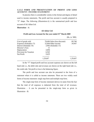 1.3.3.2 FORM AND PRESENTATION OF PROFIT AND LOSS
ACCOUNT / INCOME STATEMENT
        In practice there is considerable variety in the format and degree of detail
used in income statements. The profit and loss account is usually prepared in
“T” shape. The following (Illustration-A) is the summarised profit and loss
account of Ali Akbar Ltd.
Illustration – A:
                                       Ali Akbar Ltd
          Profit and Loss Account for the year ended 31st March 2005
                                                                                 (Rs. in `000)
-------------------------------------------------------------------------------------------------
Cost of goods sold                           78,686 Sales (less discount)                89,740
Expenses (Schedule 17)                       33,804 Other income                         39,947
Interest (Schedule 18)                         2,902 (Schedule 13)
Director’s Fees                                   11
Depreciation                                   2,094
Provision for Taxation                         6,565
Net Profit                                     5,625
                                         -----------                                  -----------
                                         1,29,687                                      1,29,687
-------------------------------------------------------------------------------------------------
         In the “T” shaped profit and loss account expenses are shown on the left
hand side i.e., the debit side and revenues are shown on the right hand side i.e.,
the credit side. Net profit or loss is the balancing figure.
        The profit and loss account can also be presented in the form of a
statement when it is called as income statement. There are two widely used
forms of income statement: single step form and multiple-step form.
        The single-step form of income statement derives its name from the fact
that the total of all expenses is deducted from the total of all revenues.
Illustration – A can be presented in the single-step form as given in
Illustration – B.




                                              54
 