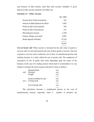 only because of other income, other than sales revenue. Schedule 13 gives
details of other income earned by Ali Akbar Ltd.

Schedule 13 – Other Income
                                                           (Rs.`000)
       Income from Trade Investments                             825
       Interest on Bank Deposits & others                      1,042
       Profit on Sale of Investments                             456
       Profit on Sale of Inventories                             813
       Miscellaneous income                                    2,394
       Factory charges recovered                               9,081
       Bottle deposits forfeited                      25,336
                                                      --------
                                                      39,947
                                                      --------
Cost of Goods sold: When income is increased by the sale value of goods or
services sold, it is also decreased by the cost of these goods or services. The cost
of goods or services sold is called the cost of sales. In manufacturing firms and
retailing business it is often called the cost of goods sold. The complexity of
calculation of cost of goods sold varies depending upon the nature of the
business. In the case of a trading concern which deals in commodities it is very
simple to calculate the most of goods sold and it is done as follows:
               Opening Stock                xxx
       Add:    Purchase                     xxx
               Freight                      xxx
                                            -----
             Goods available for sale       xxx
       Less: Closing stock                  xxx
                                            -----
             Cost of goods sold             xxx
                                            -----
       The calculation becomes a complicated process in the case of
manufacturing concern, especially when a              number of products are



                                        60
 