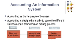 Accounting-An Information
System
 Accounting as the language of business
 Accounting is designed primarily to serve the different
stakeholders in their decision making process
Business
transactions
Analysis and
Interpretation
Reports,
statements etc.
Input Processing Output
 