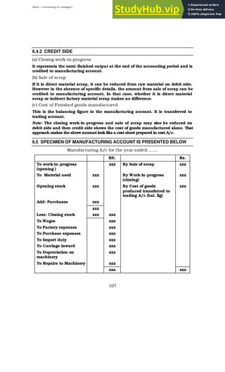 BBM – Accounting for Managers
107
6.4.2 CREDIT SIDE
(a) Closing work-in-progress
It represents the semi-finished output at the end of the accounting period and is
credited to manufacturing account.
(b) Sale of scrap
If it is direct material scrap, it can be reduced from raw material on debit side.
However in the absence of specific details, the amount from sale of scrap can be
credited to manufacturing account. In that case, whether it is direct material
scrap or indirect factory material scrap makes no difference.
(c) Cost of Finished goods manufactured
This is the balancing figure in the manufacturing account. It is transferred to
trading account.
Note: The closing work-in-progress and sale of scrap may also be reduced on
debit side and then credit side shows the cost of goods manufactured alone. That
approach makes the above account look like a cost sheet prepared in cost A/c.
6.5 SPECIMEN OF MANUFACTURING ACCOUNT IS PRESENTED BELOW
Manufacturing A/c for the year ended……..
RS. Rs.
To work-in-progress
(opening )
xxx By Sale of scrap xxx
To Material used xxx By Work-in-progress
(closing)
xxx
Opening stock xxx By Cost of goods
produced transferred to
trading A/c (bal. fig)
xxx
Add: Purchases xxx
xxx
Less: Closing stock xxx xxx
To Wages xxx
To Factory expenses xxx
To Purchase expenses xxx
To Import duty xxx
To Carriage inward xxx
To Depreciation on
machinery
xxx
To Repairs to Machinery xxx
xxx xxx
 