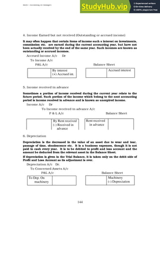 BBM – Accounting for Managers
144
4. Income Earned but not received (Outstanding or accrued income)
It may often happen that certain items of income such s interest on investments,
commission etc. are earned during the current accounting year, but have not
been actually received by the end of the same year. Such incomes are known as
outstanding or accrued incomes.
Accrued Income A/c Dr
To Income A/c
P&L A/c Balance Sheet
5. Income received in advance
Sometimes a portion of income received during the current year relate to the
future period. Such portion of the income which belong to the next accounting
period is income received in advance and is known as unexpired income.
Income A/c Dr
To Income received in advance A/c
P & L A/c Balance Sheet
6. Depreciation
Depreciation is the decreased in the value of an asset due to wear and tear,
passage of time, obsolescence etc. It is a business expenses, though it is not
paid in cash every year. It is to be debited to profit and loss account and the
amount be deducted from the relevant asset in the Balance Sheet.
If depreciation is given in the Trial Balance, it is taken only on the debit side of
Profit and Loss Account as its adjustment is over.
Depreciation A/c Dr.
To Concerned Assets A/c
P&L A/c Balance Sheet
By interest
(+) Accrued int.
Accrued interest
By Rent received
(-) Received in
advance
Rent received
in advance
To Dep. On
machinery
Machinery
(-) Depreciation
 