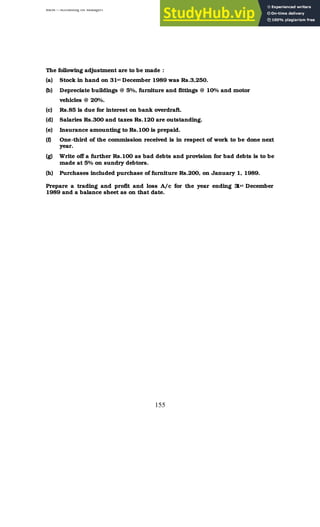 BBM – Accounting for Managers
155
The following adjustment are to be made :
(a) Stock in hand on 31st December 1989 was Rs.3,250.
(b) Depreciate buildings @ 5%, furniture and fittings @ 10% and motor
vehicles @ 20%.
(c) Rs.85 is due for interest on bank overdraft.
(d) Salaries Rs.300 and taxes Rs.120 are outstanding.
(e) Insurance amounting to Rs.100 is prepaid.
(f) One-third of the commission received is in respect of work to be done next
year.
(g) Write off a further Rs.100 as bad debts and provision for bad debts is to be
made at 5% on sundry debtors.
(h) Purchases included purchase of furniture Rs.200, on January 1, 1989.
Prepare a trading and profit and loss A/c for the year ending 3
1st December
1989 and a balance sheet as on that date.
 