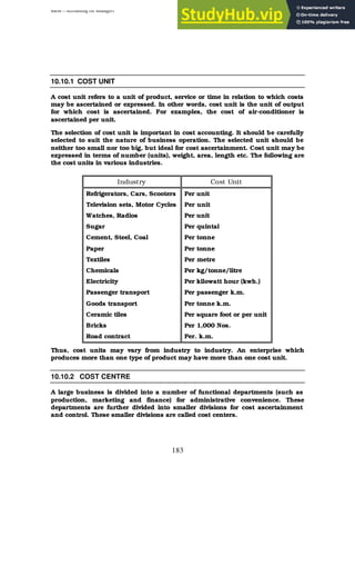 BBM – Accounting for Managers
183
10.10.1 COST UNIT
A cost unit refers to a unit of product, service or time in relation to which costs
may be ascertained or expressed. In other words, cost unit is the unit of output
for which cost is ascertained. For examples, the cost of air-conditioner is
ascertained per unit.
The selection of cost unit is important in cost accounting. It should be carefully
selected to suit the nature of business operation. The selected unit should be
neither too small nor too big, but ideal for cost ascertainment. Cost unit may be
expressed in terms of number (units), weight, area, length etc. The following are
the cost units in various industries.
Industry Cost Unit
Refrigerators, Cars, Scooters Per unit
Television sets, Motor Cycles Per unit
Watches, Radios Per unit
Sugar Per quintal
Cement, Steel, Coal Per tonne
Paper Per tonne
Textiles Per metre
Chemicals Per kg/tonne/litre
Electricity Per kilowatt hour (kwh.)
Passenger transport Per passenger k.m.
Goods transport Per tonne k.m.
Ceramic tiles Per square foot or per unit
Bricks Per 1,000 Nos.
Road contract Per. k.m.
Thus, cost units may vary from industry to industry. An enterprise which
produces more than one type of product may have more than one cost unit.
10.10.2 COST CENTRE
A large business is divided into a number of functional departments (such as
production, marketing and finance) for administrative convenience. These
departments are further divided into smaller divisions for cost ascertainment
and control. These smaller divisions are called cost centers.
 