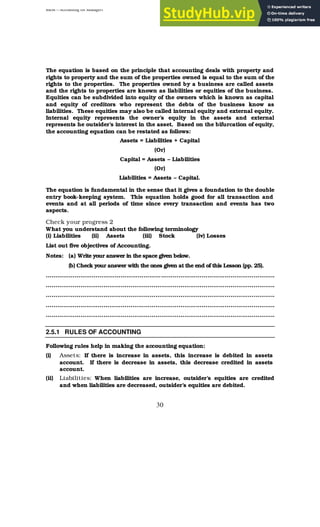 BBM – Accounting for Managers
30
The equation is based on the principle that accounting deals with property and
rights to property and the sum of the properties owned is equal to the sum of the
rights to the properties. The properties owned by a business are called assets
and the rights to properties are known as liabilities or equities of the business.
Equities can be subdivided into equity of the owners which is known as capital
and equity of creditors who represent the debts of the business know as
liabilities. These equities may also be called internal equity and external equity.
Internal equity represents the owner’s equity in the assets and external
represents he outsider’s interest in the asset. Based on the bifurcation of equity,
the accounting equation can be restated as follows:
Assets = Liabilities + Capital
(Or)
Capital = Assets – Liabilities
(Or)
Liabilities = Assets – Capital.
The equation is fundamental in the sense that it gives a foundation to the double
entry book-keeping system. This equation holds good for all transaction and
events and at all periods of time since every transaction and events has two
aspects.
Check your progress 2
What you understand about the following terminology
(i) Liabilities (ii) Assets (iii) Stock (iv) Losses
List out five objectives of Accounting.
Notes: (a) Write your answer in the space given below.
(b) Check your answer with the ones given at the end of this Lesson (pp. 25).
………………………………………………………………………………………………………..
………………………………………………………………………………………………………..
………………………………………………………………………………………………………..
………………………………………………………………………………………………………..
………………………………………………………………………………………………………..
2.5.1 RULES OF ACCOUNTING
Following rules help in making the accounting equation:
(i) Assets: If there is increase in assets, this increase is debited in assets
account. If there is decrease in assets, this decrease credited in assets
account.
(ii) Liabilities: When liabilities are increase, outsider’s equities are credited
and when liabilities are decreased, outsider’s equities are debited.
 