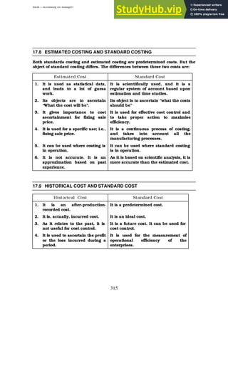 BBM – Accounting for Managers
315
17.8 ESTIMATED COSTING AND STANDARD COSTING
Both standards costing and estimated costing are predetermined costs. But the
object of standard costing differs. The differences between these two costs are:
Estimated Cost Standard Cost
1. It is used as statistical data,
and leads to a lot of guess
work.
It is scientifically used, and it is a
regular system of account based upon
estimation and time studies.
2. Its objects are to ascertain
“What the cost will be”.
Its object is to ascertain “what the costs
should be”
3. It gives importance to cost
ascertainment for fixing sale
price.
It is used for effective cost control and
to take proper action to maximise
efficiency.
4. It is used for a specific use; i.e.,
fixing sale price.
It is a continuous process of costing,
and takes into account all the
manufacturing processes.
5. It can be used where costing is
in operation.
It can be used where standard costing
is in operation.
6. It is not accurate. It is an
approximation based on past
experience.
As it is based on scientific analysis, it is
more accurate than the estimated cost.
17.9 HISTORICAL COST AND STANDARD COST
Historical Cost Standard Cost
1. It is an after-production-
recorded cost.
It is a predetermined cost.
2. It is, actually, incurred cost. It is an ideal cost.
3. As it relates to the past, it is
not useful for cost control.
It is a future cost. It can be used for
cost control.
4. It is used to ascertain the profit
or the loss incurred during a
period.
It is used for the measurement of
operational efficiency of the
enterprises.
 