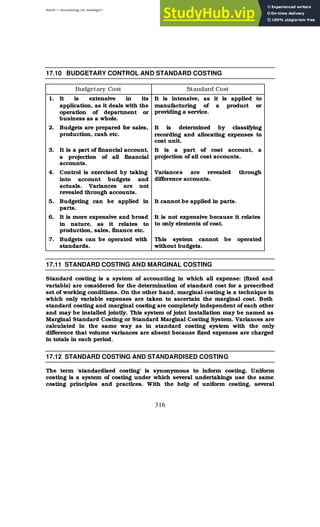 BBM – Accounting for Managers
316
17.10 BUDGETARY CONTROL AND STANDARD COSTING
Budgetary Cost Standard Cost
1. It is extensive in its
application, as it deals with the
operation of department or
business as a whole.
It is intensive, as it is applied to
manufacturing of a product or
providing a service.
2. Budgets are prepared for sales,
production, cash etc.
It is determined by classifying
recording and allocating expenses to
cost unit.
3. It is a part of financial account,
a projection of all financial
accounts.
It is a part of cost account, a
projection of all cost accounts.
4. Control is exercised by taking
into account budgets and
actuals. Variances are not
revealed through accounts.
Variances are revealed through
difference accounts.
5. Budgeting can be applied in
parts.
It cannot be applied in parts.
6. It is more expensive and broad
in nature, as it relates to
production, sales, finance etc.
It is not expensive because it relates
to only elements of cost.
7. Budgets can be operated with
standards.
This system cannot be operated
without budgets.
17.11 STANDARD COSTING AND MARGINAL COSTING
Standard costing is a system of accounting in which all expense: (fixed and
variable) are considered for the determination of standard cost for a prescribed
set of working conditions. On the other hand, marginal costing is a technique in
which only variable expenses are taken to ascertain the marginal cost. Both
standard costing and marginal costing are completely independent of each other
and may be installed jointly. This system of joint installation may be named as
Marginal Standard Costing or Standard Marginal Costing System. Variances are
calculated in the same way as in standard costing system with the only
difference that volume variances are absent because fixed expenses are charged
in totals in each period.
17.12 STANDARD COSTING AND STANDARDISED COSTING
The term ‘standardised costing’ is synonymous to inform costing. Uniform
costing is a system of costing under which several undertakings use the same
costing principles and practices. With the help of uniform costing, several
 